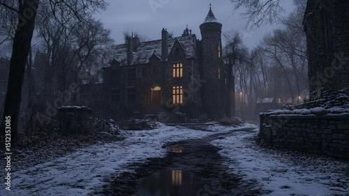 Enigmatic manor shrouded in winter's embrace, amidst snow-kissed grounds and ghostly trees