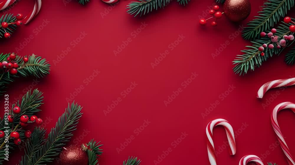 This festive image features a vivid red background adorned with a variety of Christmas decorations, including dark green fir branches, clusters of red berries, and peppermint candy canes.