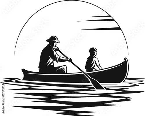 Grandfather and grandchild canoeing sunset