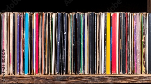 A collection of vinyl records on a shelf.