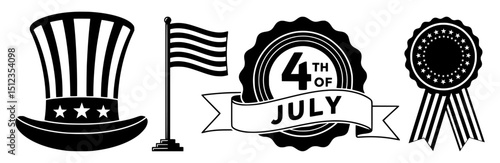 Fourth of july patriotic symbols with uncle sam hat american flag vintage badge and award ribbon black silhouettes independence day design elements
