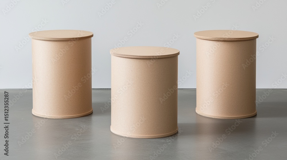 Three cylindrical objects made of cardboard, arranged in a row against a white background. Three cylindrical objects made of cardboard, arranged in a row against a white background.