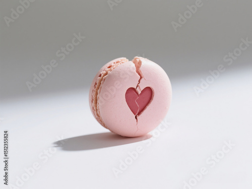 Pink macaron with a heart-shaped crack, showcasing delicate pastry texture and soft lighting, symbolizing love and fragility in a minimalist setting