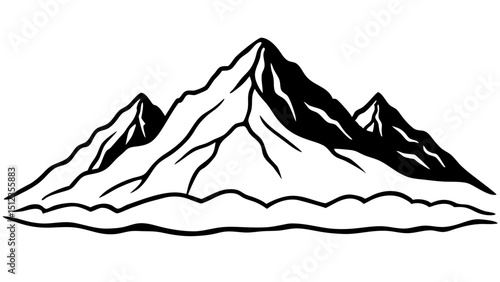 Illustration of three mountain peaks in black and white  vector, silhouette, illustration, horizontal, isolated assets, 