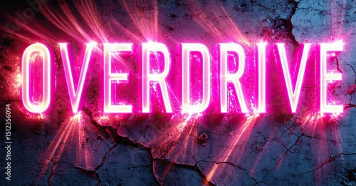 Bright pink OVERDRIVE text glows against cracked wall. Dramatic lighting creates intense visual impact. Bold typography dominates composition.