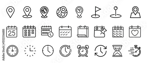 Time, date and location icon set. Containing hourglass, pin, stopwatch, reminder, calendar, clock, gps point, flag point, globe point and more. Vector illustration.