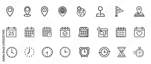 Time, date and location icon set. Containing hourglass, pin, stopwatch, reminder, calendar, clock, gps point, flag point, globe point and more. Vector illustration.