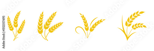 Wheat wreaths and grain spikes set icons. Gold wheat silhouette collection. Wheat or rice icon symbol. Vector illustration.