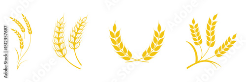 Wheat wreaths and grain spikes set icons. Gold wheat silhouette collection. Wheat or rice icon symbol. Vector illustration.