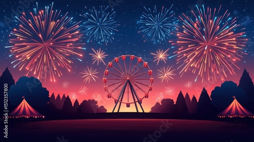 Vibrant Night Carnival Scene with Ferris Wheel and Colorful Fireworks Display