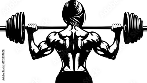 black and white illustration from the back of a muscular woman lifting weights