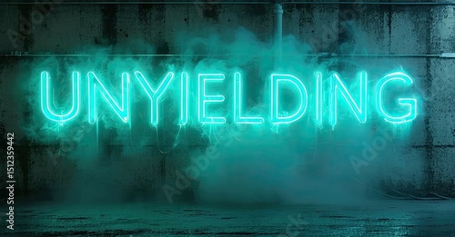 Bright neon sign spells UNYIELDING. Dark concrete wall background with rising blue smoke creates dramatic effect. Minimalist aesthetic.