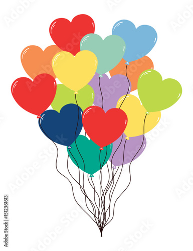 Bunch of flying heart shaped air balloons hand drawn illustration, isolated vector on transparent. Flat style design. Birthday celebration, festival, carnival, party, anniversary clip art, element