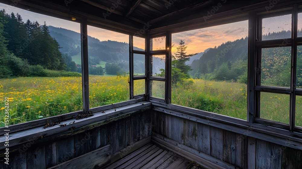 Fototapeta premium Scenic Mountain View from Rustic Wooden Cabin at Sunset
