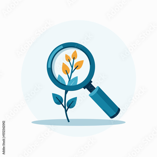 Magnifying glass focusing on plant with leaves in soft blue background  