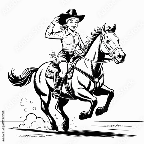 Wallpaper Mural Vintage Cowgirl Riding Horse – Black and White Western Style Vector Illustration Torontodigital.ca