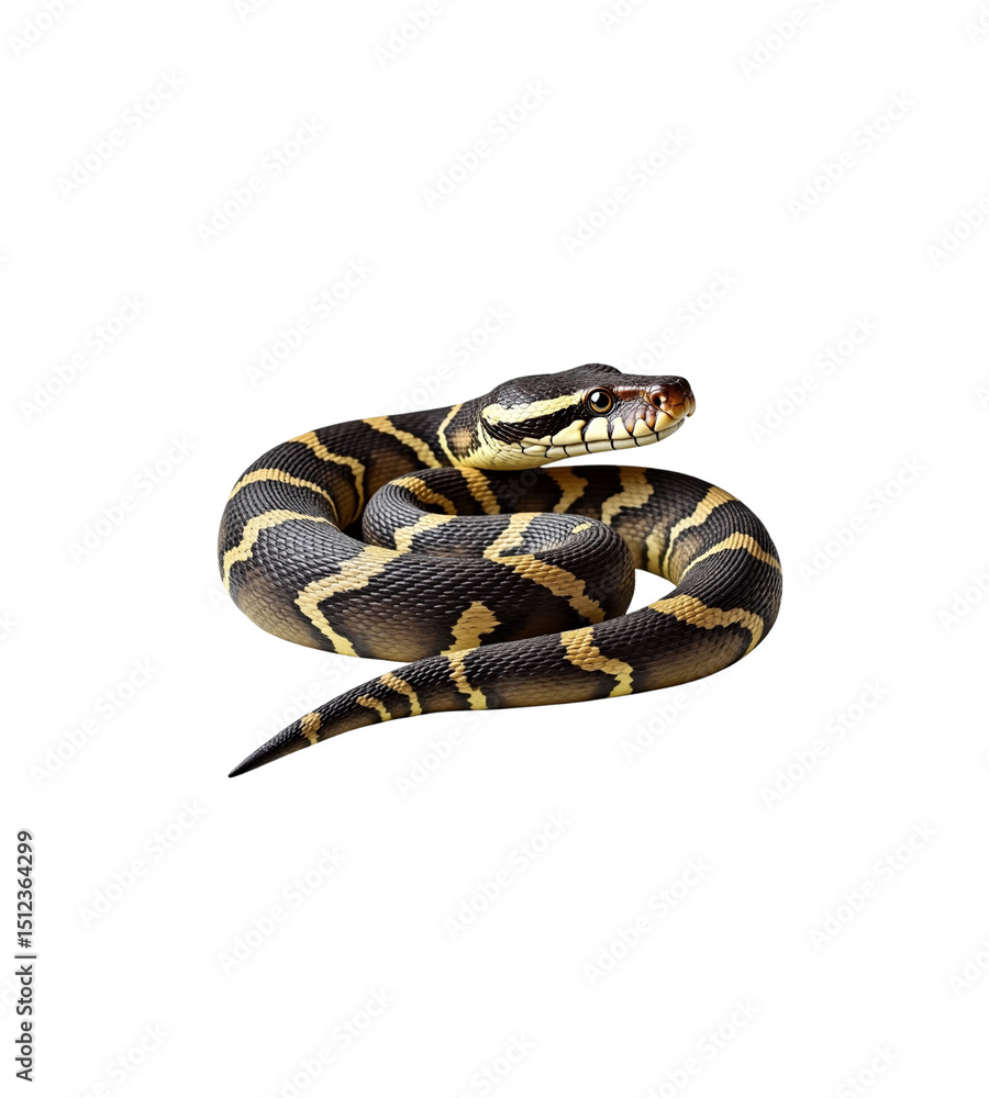 Obraz premium Exotic python snake with yellow and black markings curled against a black background