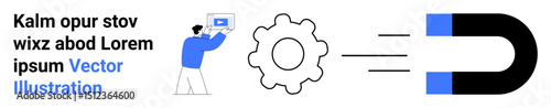 Person holding device, gear symbolizing process, and magnet indicating attraction or connection. Ideal for technology, workflow, automation, innovation, SEO, marketing simple landing page