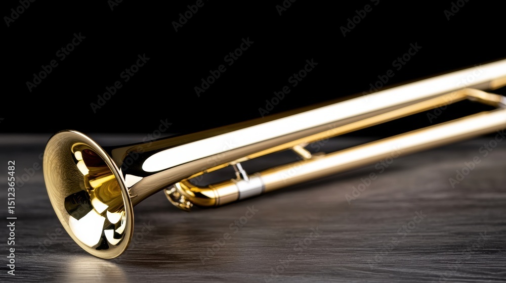Obraz premium A shiny brass trumpet rests on a wooden surface.