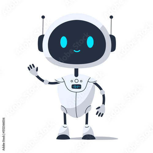 Cute smiling robot with cheerful expression. Friendly and positive futuristic character for apps, games, or tech designs