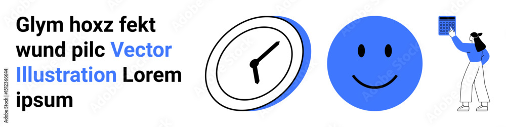 Fototapeta premium Clock icon, happy face, and character reaching for a book. Ideal for time management, positivity, productivity, learning, simplicity, user interface simple landing page