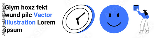 Clock icon, happy face, and character reaching for a book. Ideal for time management, positivity, productivity, learning, simplicity, user interface simple landing page