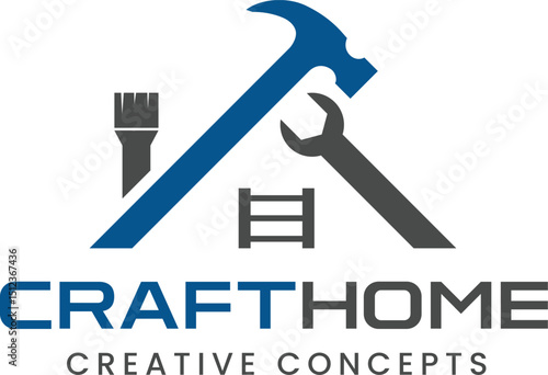 Craft Home Logo with Hammer, Wrench, Brush and Ladder. Construction and Home Improvement Concept