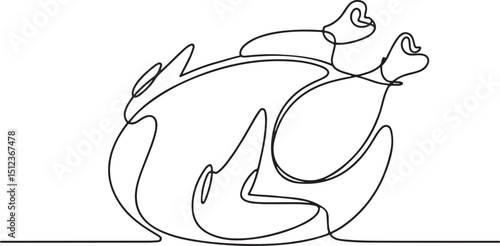 Whole boiled chicken in continuous one line art style, minimalist food illustration with clean black outline on white background

