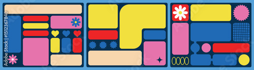 Bento grid web design elements, y2k layouts ,geometric shapes.Trendy set of retro abstract figures.Vector flat illustration