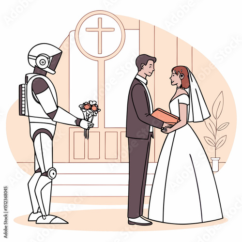 Robot officiates wedding ceremony for a bride and groom in front of a church with a cross symbol