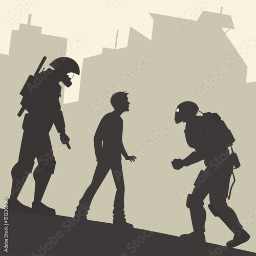 Silhouetted figures of soldiers confront a civilian in a dystopian urban landscape illustration