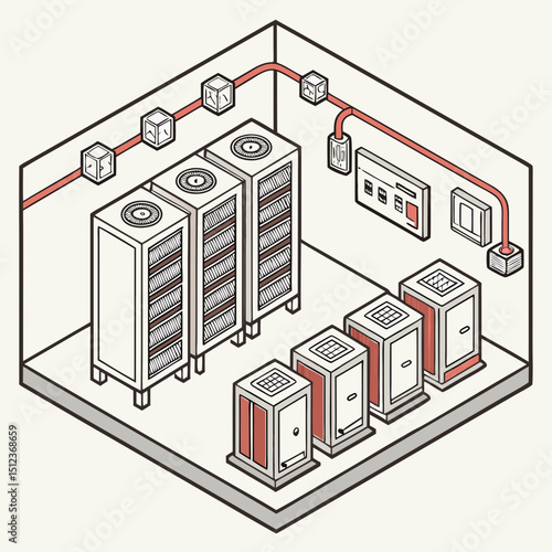 Isometric view of a server room with cabinets, electrical boxes, and wiring along the walls
