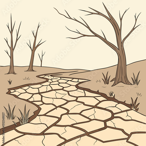Illustration of a cracked dry riverbed with barren trees in a desolate landscape under a pale sky