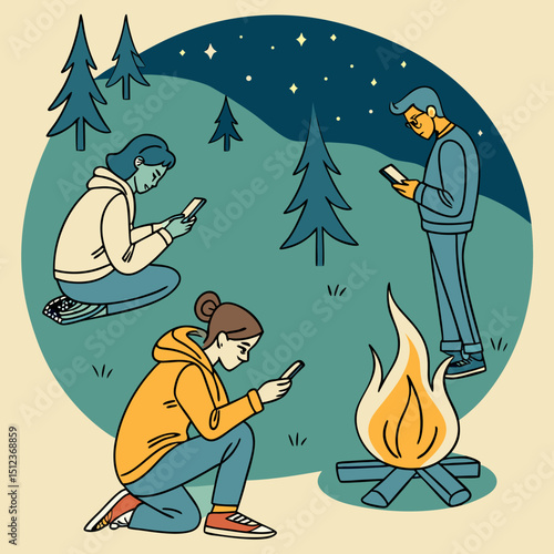 People using phones around a campfire with trees and stars in the background at night in a forest scene