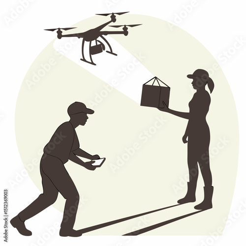 Drone delivering package to woman while man controls drone with tablet in a modern delivery system scene