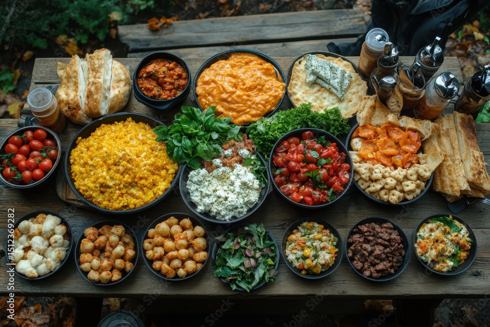 Fototapeta premium Various food dishes spread across a table.