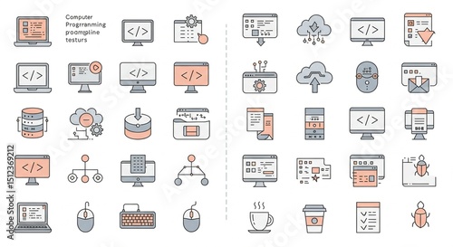 Application development icons display programming interfaces interacting with cloud computing database systems on white background