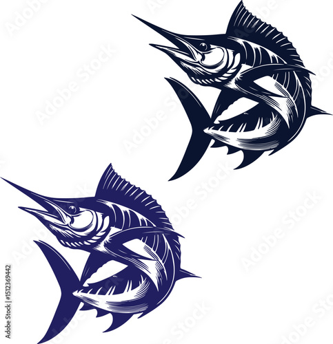 Marlin fish vector Illustration, Black And White Color