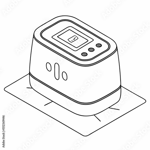 Isometric view of a white countertop appliance with a display and buttons on a square base platform