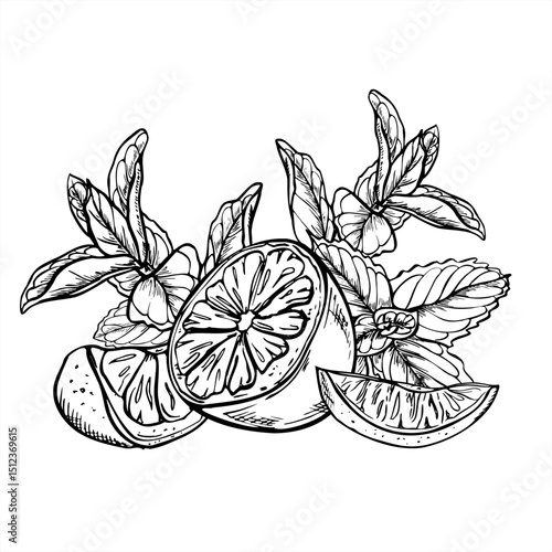 Monochrome vector lemon and lime slices with mint and melissa branches illustration in linear style. Etching drawing of citrus with herbs for beverage packaging, summer cocktail designs, kitchen decor