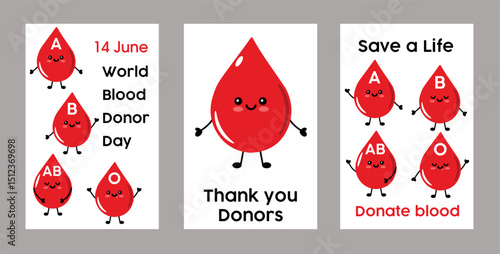 Illustration Promoting World Blood Donor Day With Happy Blood Drop Characters. Bright and cheerful illustrations highlighting World Blood Donor Day, featuring cartoon blood drops representing types A,
