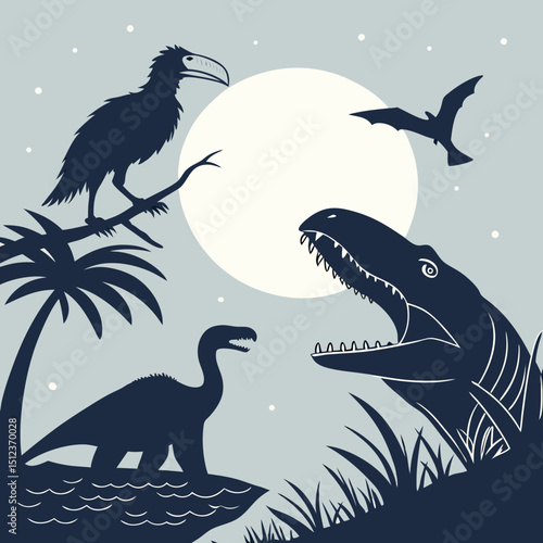 Illustration of prehistoric scene with dinosaurs bird and pterodactyl under a bright moon light sky