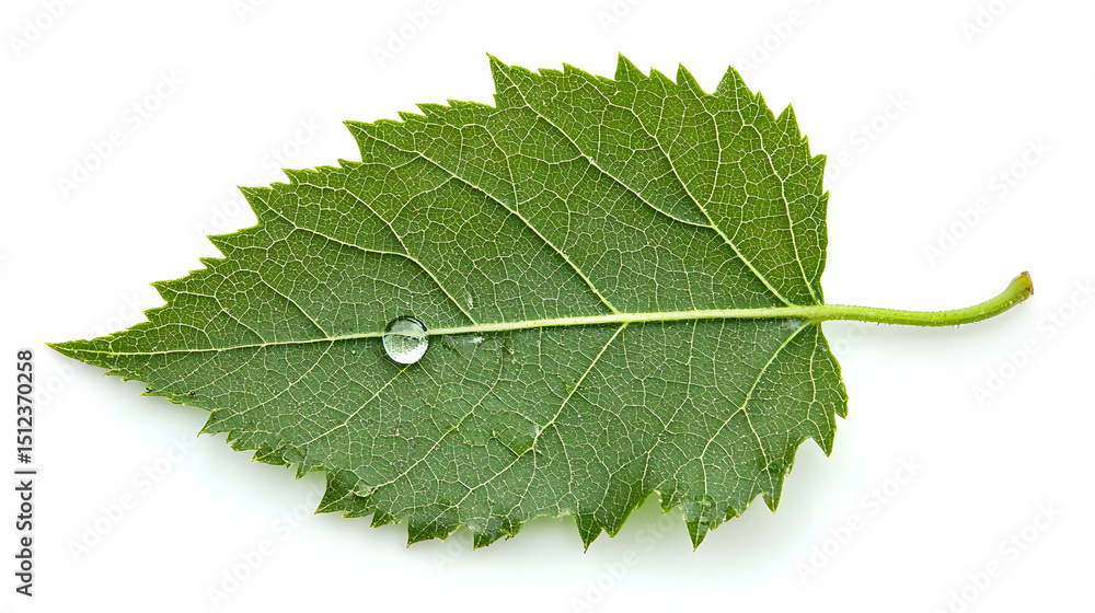 Fototapeta premium Green Leaf With Water Droplet On White Background