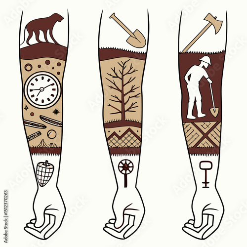 Three forearm tattoos depicting a dog, clock, tree, shovel, axe, and person digging in earth layers