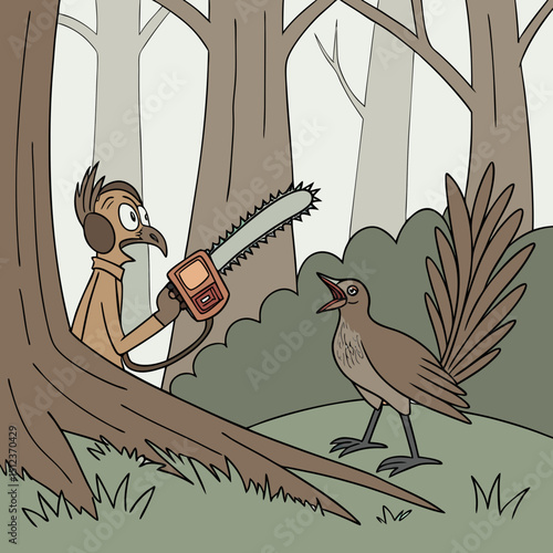 Cartoon man with chainsaw confronting a bird in a forest setting with trees and green grass shown