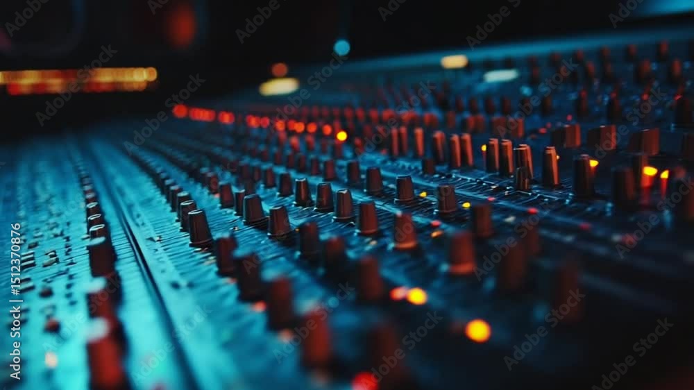 Close-up of a music mixing console with vibrant lights Close-up of a music mixing console with vibrant lights