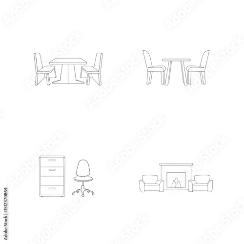 Line art illustrations of interior furniture including tables chairs fireplace and office furnishings