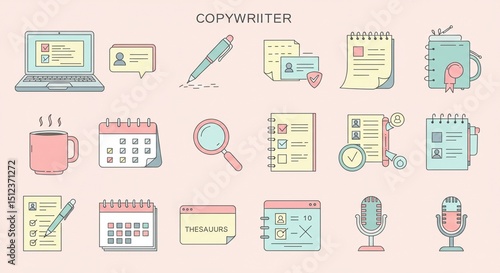 Copywriter tools showcase desk flatlay workflow illustration on pink backdrop detail