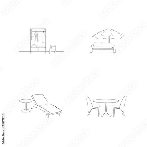 Simple line art illustrations of furniture elements for interior design and home decor
