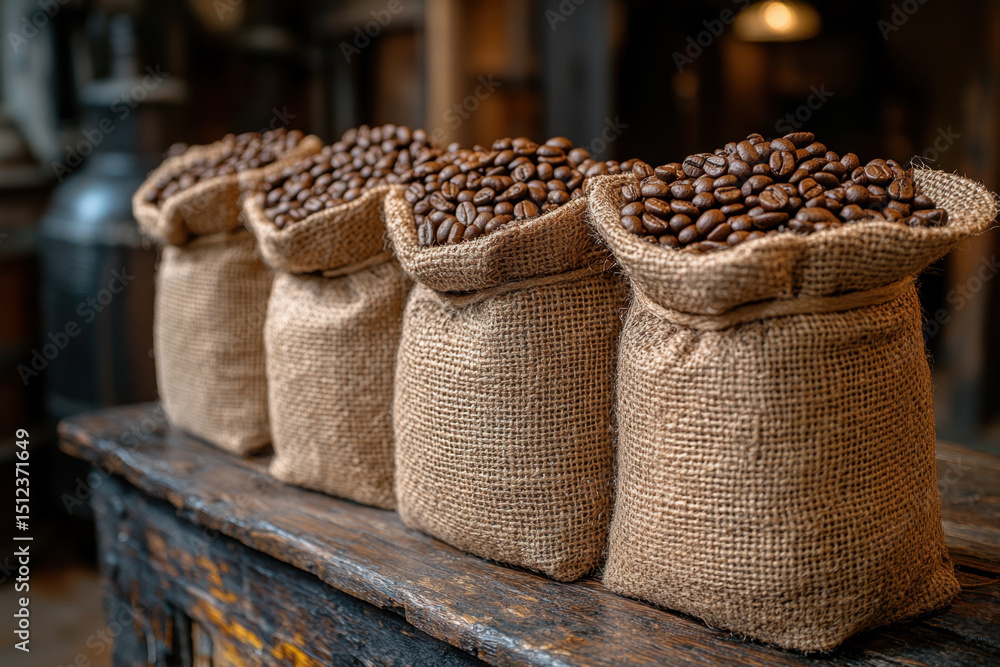 Obraz premium bags of coffee beans on wooden table.